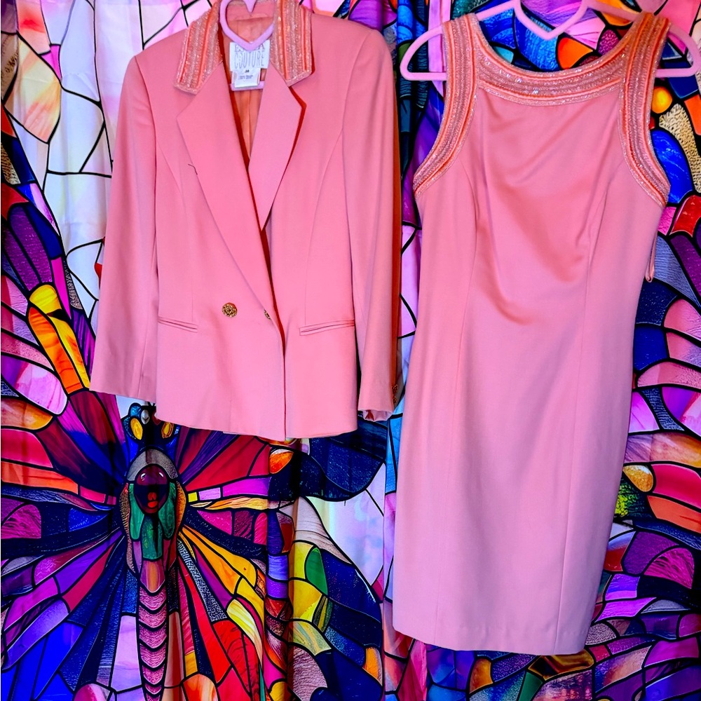 Elegant Peach Dress and Blazer Set